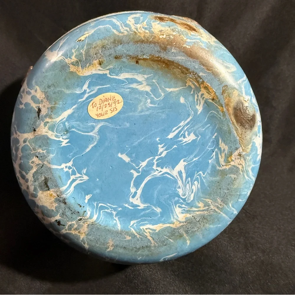 Vintage Blue Marbled Enamelware Spouted Bowl with Handle